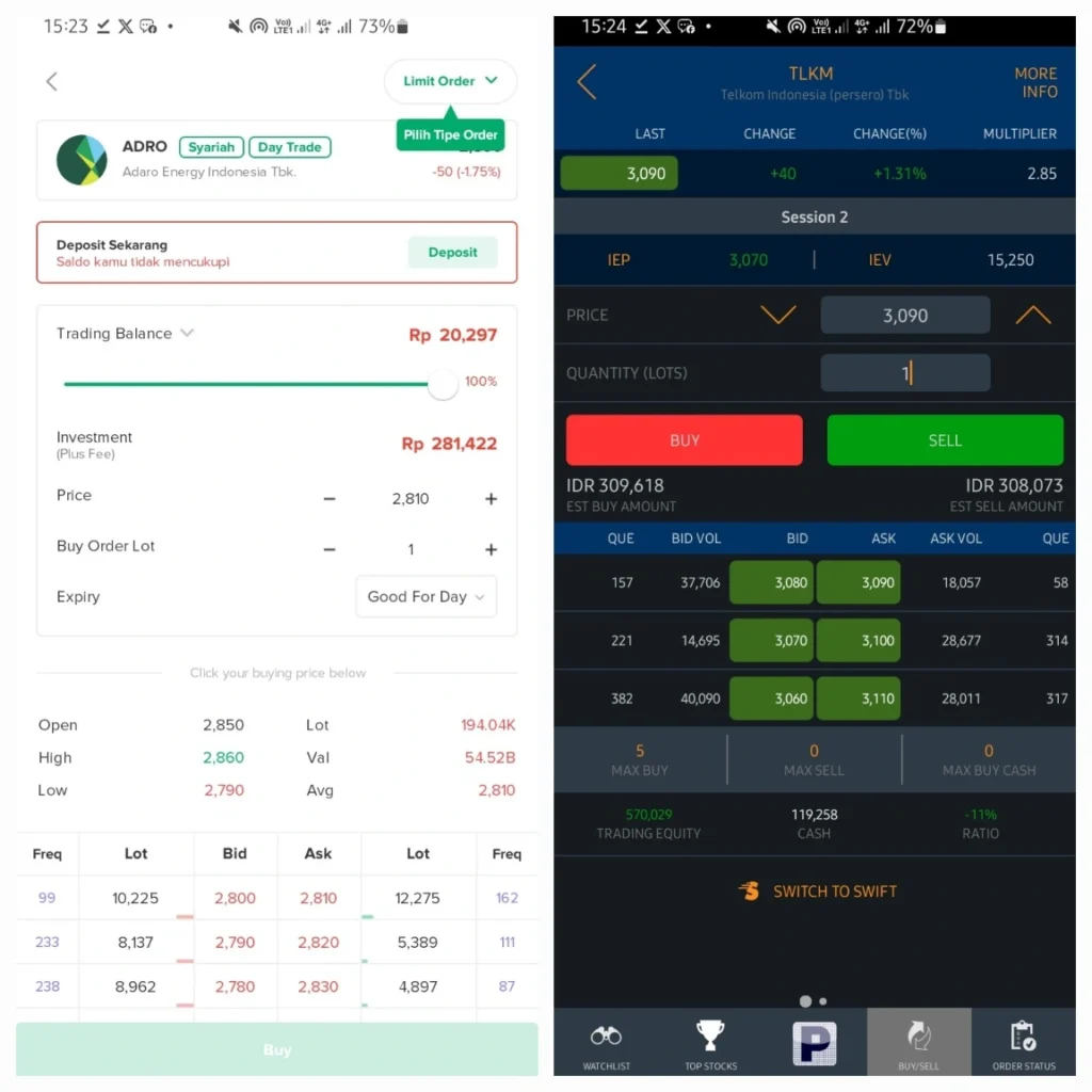 Contoh pembelian saham di aplikasi Phillip dan Stockbit