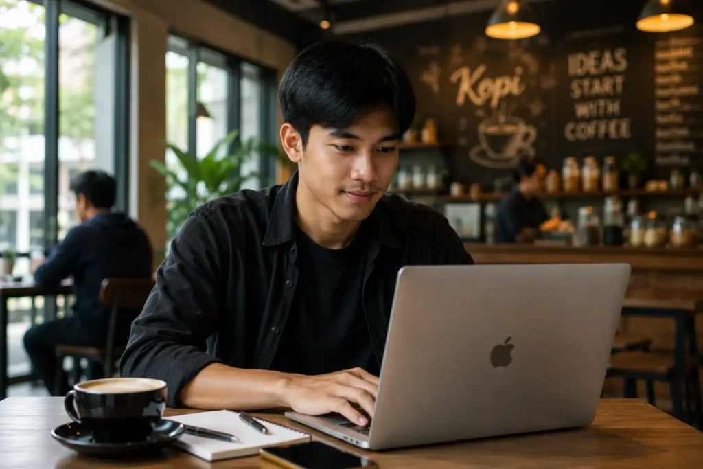 Siapa Bilang Pakai VPS Ribet? Cek VPS Murah yang Ramah Pemula Ini! 1 Anak muda bekerja dengan laptop di kafe