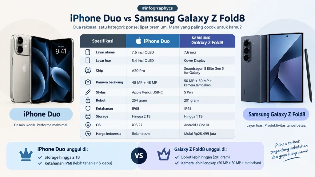 iPhone Duo, HP Lipat Pertama Apple: Spesifikasi, Harga, dan Alasan Baru Rilis Sekarang 5 Perbedaan spesifikasi iPhone Duo vs Samsung Galaxy ZFold8